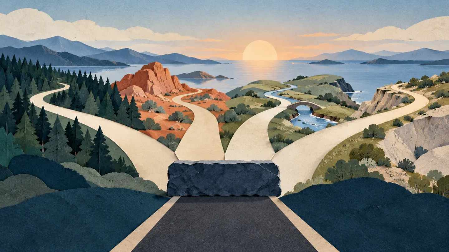 Illustrated routes opening around a blocked road